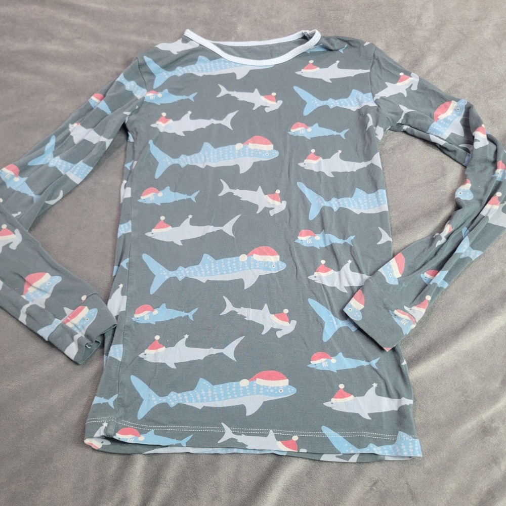 Kickee Pants Christmas Shark Santa Hat Bamboo Pajama Top Grey Boys Girls Size 10
